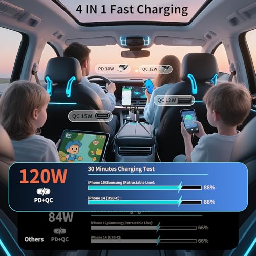 YAOKEEP 4 in 1 Retractable Car Charger, 120W Fast Car Phone Charger
