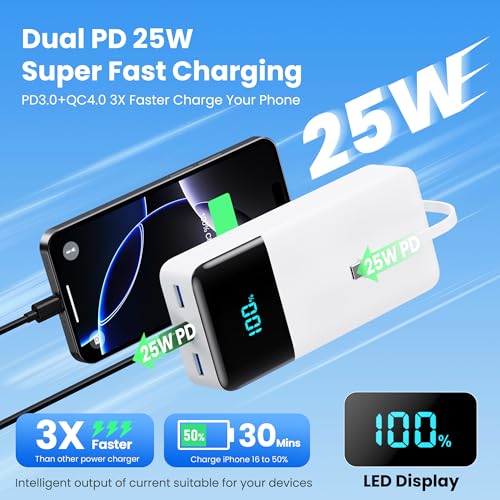 Portable Charger 50800mAh Power Bank with 3 Built in Cables,25W PD QC4.0 Fast Charging USB C Battery Pack,6 Outputs 2 Inputs Travel Essentials Phone Charger for iPhone 18/17/16/15/Pro,Android,White - color: White