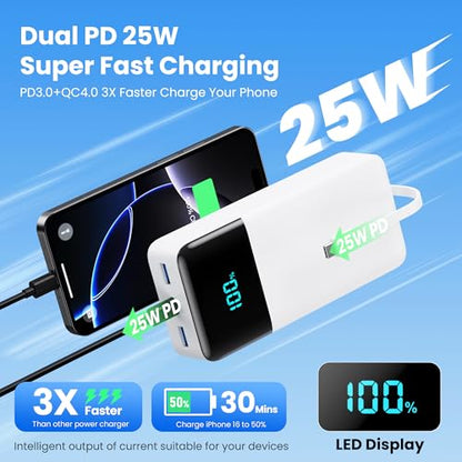 Portable Charger 50800mAh Power Bank with 3 Built in Cables,25W PD QC4.0 Fast Charging USB C Battery Pack,6 Outputs 2 Inputs Travel Essentials Phone Charger for iPhone 18/17/16/15/Pro,Android,White - color: White