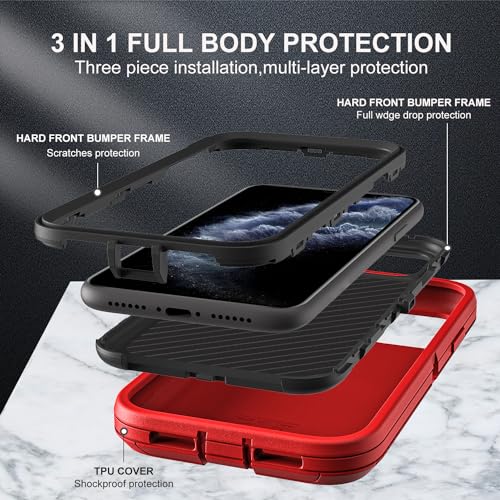 YKHJKLEC for iPhone 11 Pro Max Case, Military Grade 3 in 1 Heavy Duty Shockproof/Drop Proof/Dust Proof Case with 2Pcs Tempered Glass Screen Protector (Red/Black) - color: Red/Black