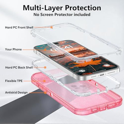 TUTUKII for iPhone 15 Pro Case Pink Glitter | Heavy Duty Shockproof, Anti-Drop, Anti-Yellow,Triple-Layer Transparent Protective Phone Cover, 6.1" - color: Pink Glitter, size: iPhone 15 Pro 6.1"