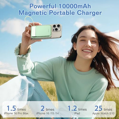 Magnetic Power Bank 10000mAh, Wireless Portable Charger with 15W Max Fast Charging & Built-in USB-C Cable, 22.5W PD LED Display Battery Pack Compatible with iPhone 17/16/15, Samsung Galaxy(green) - color: Green