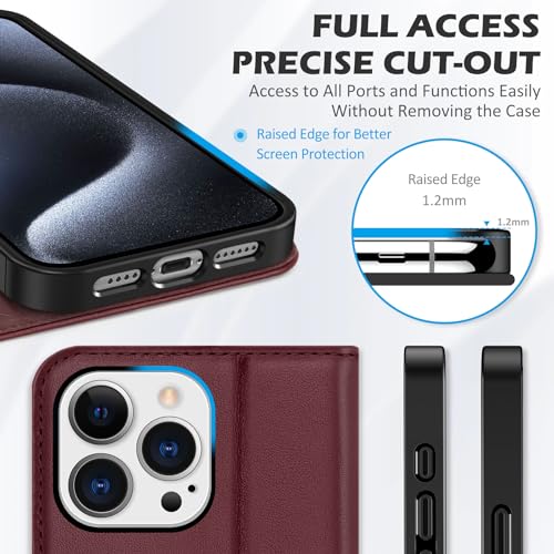 SHIELDON Genuine Leather Case Wallet for iPhone 15 Pro Max 6.7", Wine Red | Folio Magnetic Closure, RFID Blocking, Credit Card Holder, Kickstand, Shock Absorbing Protective Cover - color: Wine Red