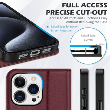 SHIELDON Genuine Leather Case Wallet for iPhone 15 Pro Max 6.7", Wine Red | Folio Magnetic Closure, RFID Blocking, Credit Card Holder, Kickstand, Shock Absorbing Protective Cover - color: Wine Red