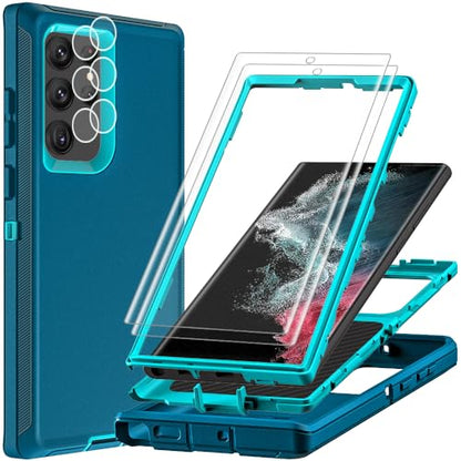 for Samsung Galaxy S22 Ultra Case with 2Pcs Self Healing Flexible TPU Screen Protector & Camera Lens Protector, 3 in 1 Heavy Duty Shockproof/Drop Proof/Dust Proof Case (Blue/Turquoise) - color: Blue/Turquoise