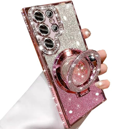 Changjia for Samsung Galaxy S26 Ultra Glitter Kickstand Case, Cute Bling Sparkly Diamond Rhinestones with Camera Lens Protector Liquid Ring Stand Women Girls Clear Phone Case for Galaxy S26 Ultra,Pink - color: Pink