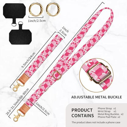 Phone Lanyard Crossbody Wrist Strap, Universal Adjustable Neck Strap for Phone Case Keys ID Badges - color: Pink Checkered Bowtie