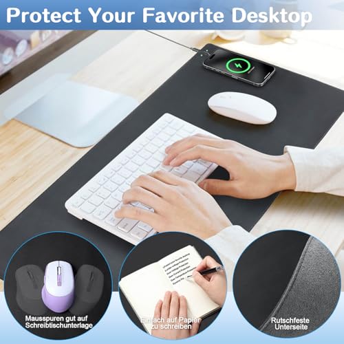 Magnetic Wireless Charging Mouse Pad, Office Desk Mat with Wireless Charger, Multifunctional Large Desk Pad with Non-Slip Base, Waterproof Leather Desk Pad for Gaming and Office Use(60X40cm)