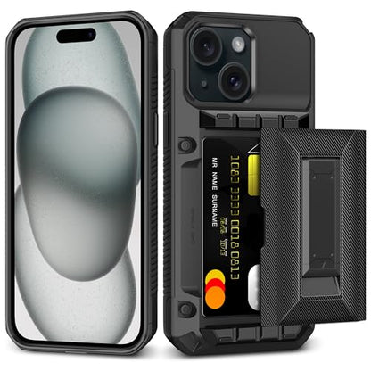 SAMONPOW for iPhone 15 Case with Card Holder [4 Cards] & Kickstand, Black - size: for iPhone 15