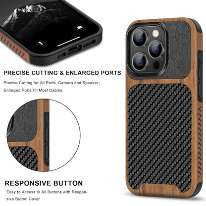 TENDLIN Magnetic Case Compatible with iPhone 15 Pro Max Case Wood Grain with Carbon Fiber Texture Design Leather Hybrid Slim Case (Compatible with MagSafe) Black - color: Magnetic Black, size: iPhone 15 Pro Max