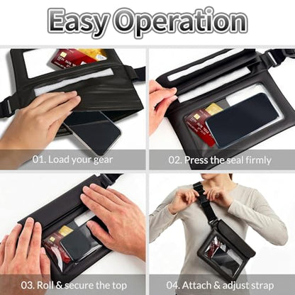 Waterproof Bag Set IPX8 2 Pcs: Black 9.8" Clear Fanny Pack & 7" Waterproof Phone Pouch, Floating Phone Case, Water Proof Dry Bag with Adjustable Strap for Beach Swim Kayak Boat Cruise Essentials - color: Black fanny pack + Phone pouch 7"