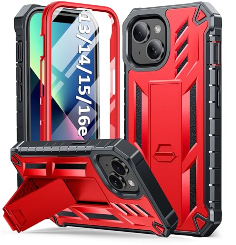 SOiOS for iPhone 13/14/15 Phone Case with Built-in Screen Protector Red | with Kickstand, 20FT Military-Grade Drop Shockproof Protection, Durable Matte Textured, Rugged Heavy Duty iPhone 16e Cover - color: Red