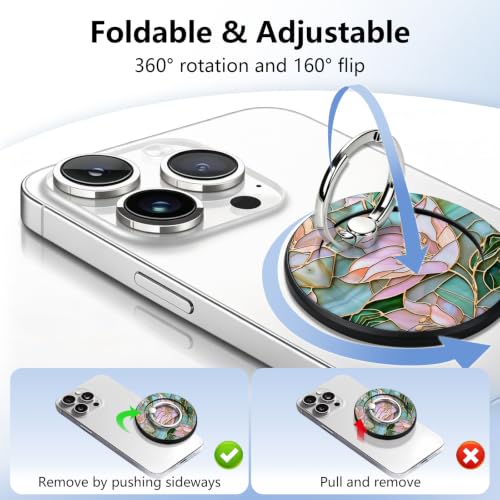 Magnetic Phone Ring Holder with MagSafe, 360° Rotation Super Magnet Finger Grip Removable Kickstand, Cute Stained Glass Floral Designed Stand for iPhone 17 16 15 14 13 12 Pro Max Plus, Lily - color: Lily