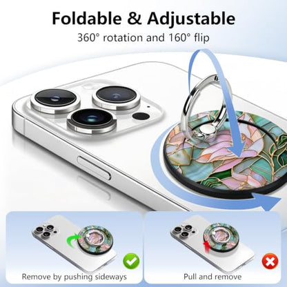 Magnetic Phone Ring Holder with MagSafe, 360° Rotation Super Magnet Finger Grip Removable Kickstand, Cute Stained Glass Floral Designed Stand for iPhone 17 16 15 14 13 12 Pro Max Plus, Lily - color: Lily