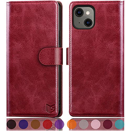 SUANPOT for iPhone 13 6.1 inch 5G with RFID Blocking Wallet case Credit Card Holder,Flip Book PU Leather Phone case Shockproof Cover Cellphone Women Men for Apple 13 case Wallet Red - color: Burgundy