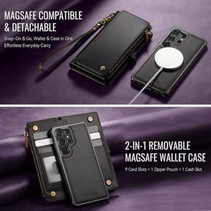 Defencase for Galaxy S24 Ultra Case Wallet Compatible with Magsafe, Black | Magnetic Detachable, RFID Bolcking Card Holder, Zipper Strap, PU Leather Drop-Proof Phone Cover for Samsung Galaxy S24 Ultra - color: (Detachable with Magsafe)-Black