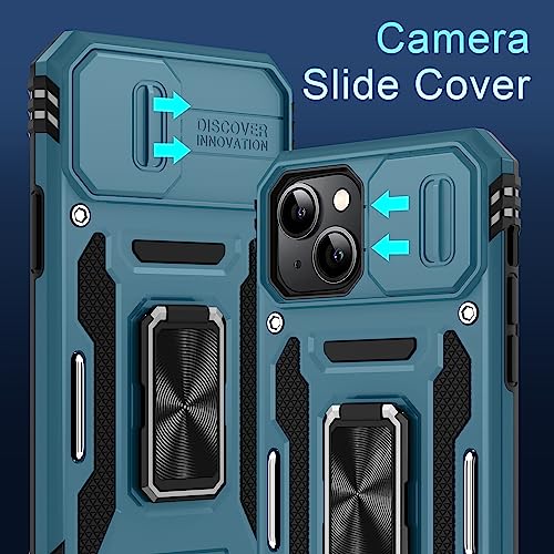 DEERLAMN Case for iPhone 13/iPhone 14 6.1-Inch with Slide Camera Cover+Screen Protector(2 Packs),Rotated Ring Kickstand Military Grade Shockproof Protective Cover-Light Blue - color: Light Blue