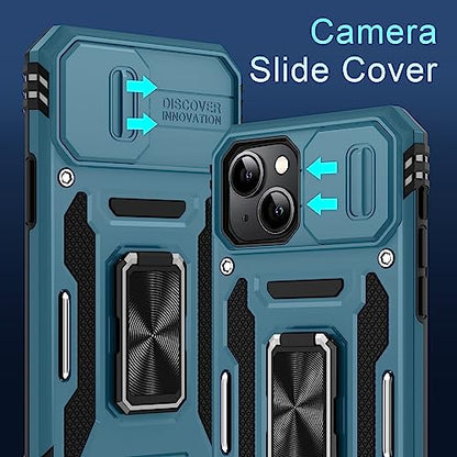 DEERLAMN Case for iPhone 13/iPhone 14 6.1-Inch with Slide Camera Cover+Screen Protector(2 Packs),Rotated Ring Kickstand Military Grade Shockproof Protective Cover-Light Blue - color: Light Blue