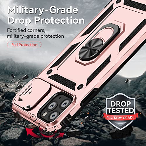 for iPhone 11 Pro Case with Camera Lens Cover HD Screen Protector, Dual Layer Military Grade Drop Protection Magnetic Ring Holder Kickstand Protective Phone Case for iPhone 11 Pro 5.8 inch (Rose Gold) - color: Rose Gold with camera cover Military-Grade 2n