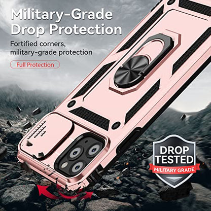 for iPhone 11 Pro Case with Camera Lens Cover HD Screen Protector, Dual Layer Military Grade Drop Protection Magnetic Ring Holder Kickstand Protective Phone Case for iPhone 11 Pro 5.8 inch (Rose Gold) - color: Rose Gold with camera cover Military-Grade 2n