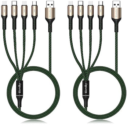 Multi Charging Cable, 2Pack 4FT Nylon Braided Universal 4 in 1 Multiple USB Cable 3A Charging ，with Dual Phone/USB-C/Micro-USB Port Adapter Connectors for Cell Phones Tablets and More