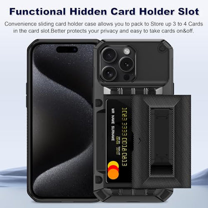 SAMONPOW for iPhone 15 Pro Case with Card Holder [4 Cards] &Kickstand Black - size: for iPhone 15 Pro