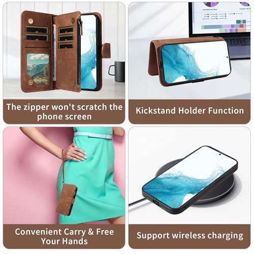 Asuwish Phone Case for Samsung Galaxy S22 5G Zipper Wallet Detachable Magnetic Cover with Tempered Glass Screen Protector Crossbody Lanyard Strap Card Holder S 22 22S 4G G5 6.1 inch Women Girls Brown - color: Brown