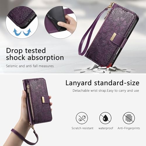 for iPhone 17 Phone Case Wallet, Purple | Built-in Card Holder (8-10 Cards), Zipper Pocket, Wrist Strap, Stand Kickstand, Flower PU Leather Protective Phone Case Women - color: Purple, size: iPhone 17