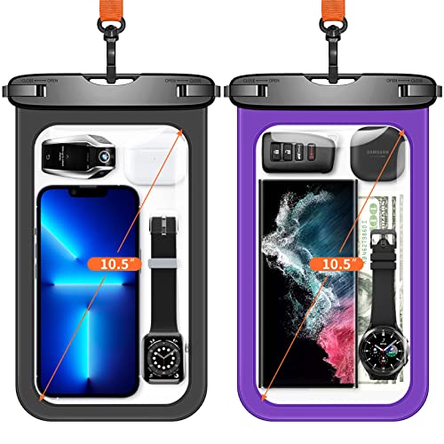 Lanhiem Large Waterproof Phone Pouch [Up to 10.5"] Universal IPX8 Waterproof Dry Bag with Lanyard for iPhone 17 Pro Max /16, S25 Ultra/ S24/ S23 Plus/ S25 FE, Moto G/Pixel 10 9 8 Pro, Black+Purple