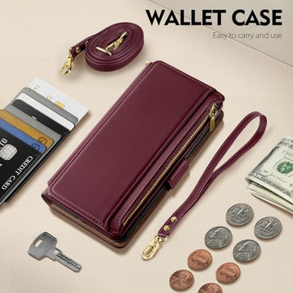 Antsturdy Crossbody Phone Wallet Case for iPhone 14 Plus,Wine Red | RFID Blocking,PU Leather Flip Cover,Kickstand,with Credit Card Holder,Wrist Strap Lanyard & Handbag Purse,for Women & Men - color: (Crossbody) - Wine Red