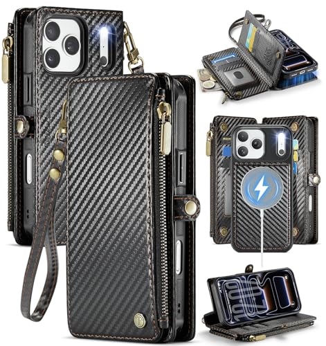 Defencase for iPhone 17 Pro Max Case Wallet Compatible with Magsafe, C-Black - color: (Detachable with Magsafe)-Carbon Fiber Black
