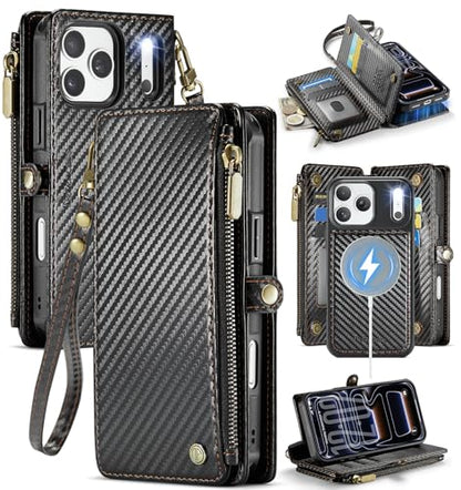 Defencase for iPhone 17 Pro Max Case Wallet Compatible with Magsafe, C-Black - color: (Detachable with Magsafe)-Carbon Fiber Black