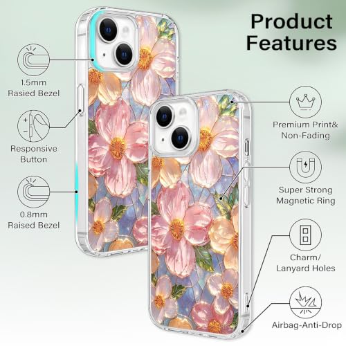 for iPhone 13 Mini 5.4" Magnetic Case【Compatible with MagSafe】 Aesthetic Oil Painting Stained Glass Flower Design, Slim Fit Hard PC Back Shockproof Cute Clear Phone Cover, Pink - color: Pink, size: iPhone 13 Mini
