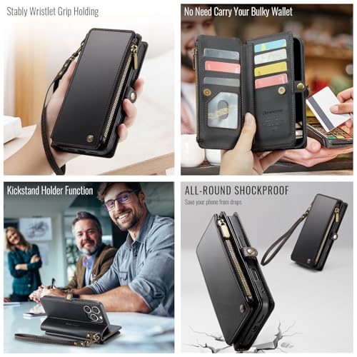 Defencase for iPhone 14 Pro Max Wallet Case with RFID Card Holder, Black | Durable Soft PU Leather, with Zipper Pocket, Wrist Strap, Fashion Snap Flip Phone Cases Cover with Stand for Women and Men - color: Black