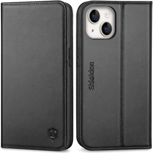 SHIELDON Genuine Leather Folio Wallet Case for iPhone 14 6.1" 2022, Black | Magnetic Closure, RFID Blocking, Credit Card Holder, Kickstand, Book Design, Shockproof Phone Cover - color: Black