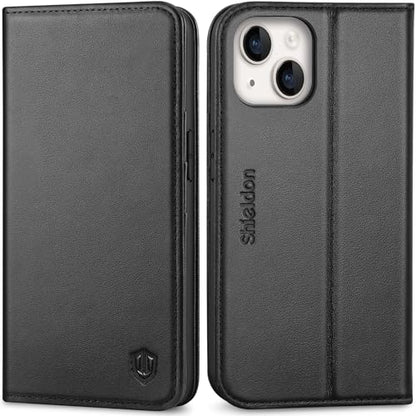 SHIELDON Genuine Leather Folio Wallet Case for iPhone 14 6.1" 2022, Black | Magnetic Closure, RFID Blocking, Credit Card Holder, Kickstand, Book Design, Shockproof Phone Cover - color: Black