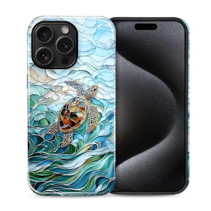 Case Compatible with iPhone 15 Pro, Cute Dual Layer Hybrid Phone Cover, Military Grade Drop Protection, Aesthetic Shockproof Phone Case for Women Girls, Stained Glass Sea Turtle - color: Stained Glass Sea Turtle, size: Iphone 15 Pro