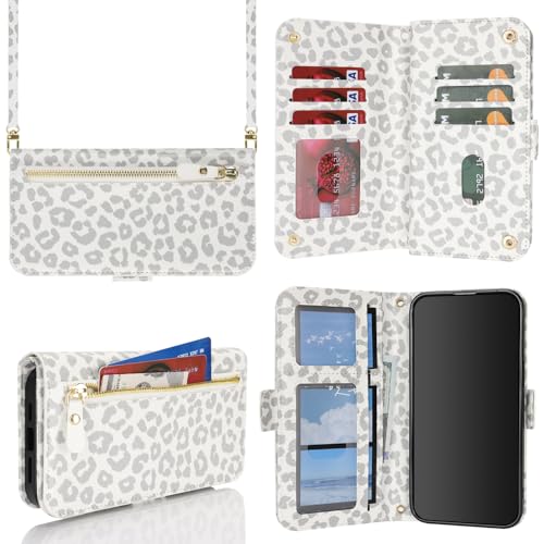 for iPhone 15 Pro Wallet Case for Women,for iPhone 15 Pro Case with Strap Crossbody Lanyard,PU Leather Shockproof Card Holder Stand Zipper Pocket Flip Phone Case-White Leopard - color: White Leopard