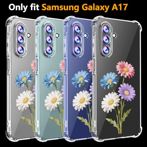 Phone Case for Samsung Galaxy A17 5G Case, Samsung A17 5G Case with Tempered Glass Screen Protector, Soft Flexible TPU Slim Fit Shockproof Phone Cover for Women Men Girl Boy (Clear-Daisy) - color: Clear-Daisy