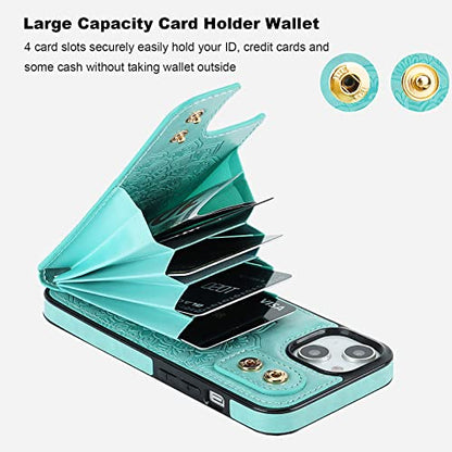 HAOPINSH for iPhone 13/ iPhone 14 Wallet Case with Card Holder, 360°Rotation Ring Kickstand, Green Mandala Pattern, RFID Blocking Leather for Girls Women, Double Buttons Flip Protective Cover 6.1" - color: Green Mandala