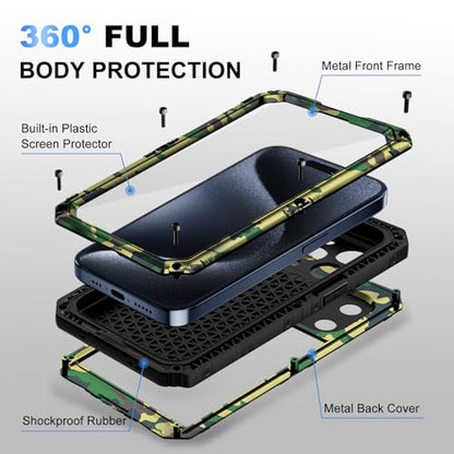 Beasyjoy Compatible with iPhone 15 Pro Max Case Waterproof, Metal Heavy Duty Full Body Protective Case with Built-in Screen Protector, Military Grade Shockproof Defender Rugged Cover 6.7", Camo - color: Camo, size: iPhone 15 Pro Max