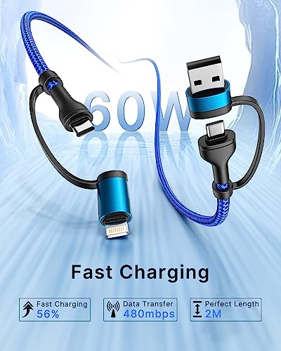 4 in 1 Charging Cable, 60W USB C to Lightning Cable 6.6FT, USB A/C to C/Lightning Multi Charging Cable Fast Charging for iPhone 16 15 14 13 Pro Max/MacBook Pro/Samsung S25 S24/Switch 2,Blue - color: Blue