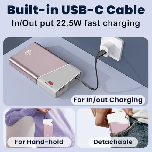 Aaoyun 20000mAh Portable Charger, 22.5W PD Fast Charging Power Bank with Built-in USB C Cable, Slim External Battery Pack Compatible with iPhone 17 16 15 Pro Max, Plus, Samsung S24 Ultra, iPad, Pink - color: Pink