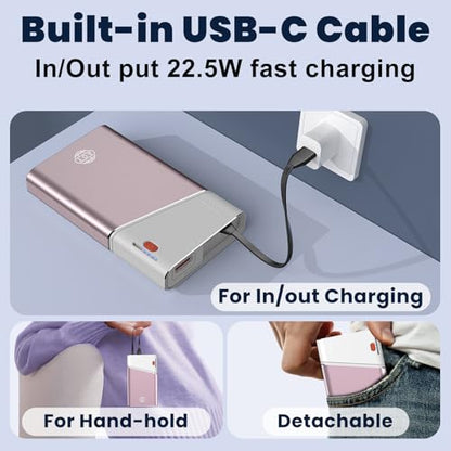 Aaoyun 20000mAh Portable Charger, 22.5W PD Fast Charging Power Bank with Built-in USB C Cable, Slim External Battery Pack Compatible with iPhone 17 16 15 Pro Max, Plus, Samsung S24 Ultra, iPad, Pink - color: Pink