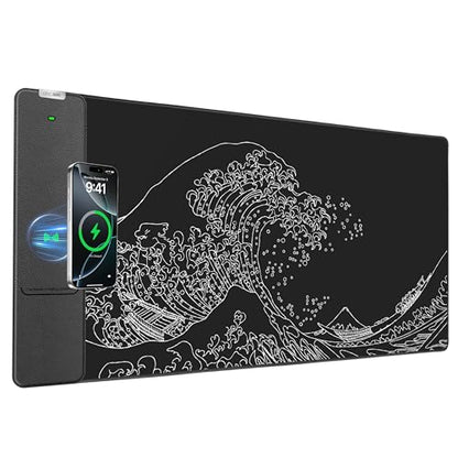 Wireless Charging Mouse Pad, 31.5"x15.8" Large Desk Mat, Smooth Glide - color: Black-31.5"x15.8"-Sea