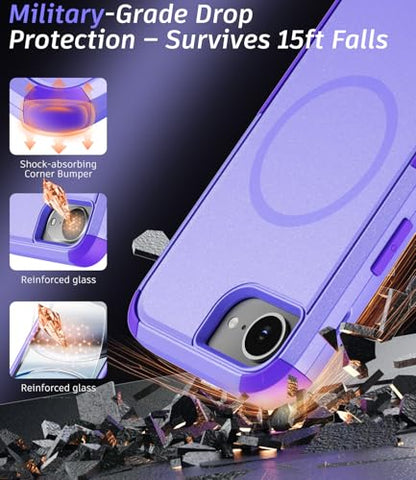 Heavy Duty Case for iPhone 17e & iPhone 16e - Military Grade Drop Proof Protective Cover [Compatible with MagSafe],with Screen Protector, Shockproof, Anti-Slip (Purple) - color: Purple