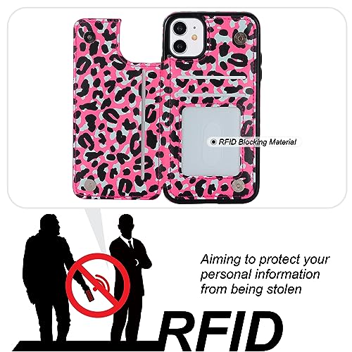HAOPINSH for iPhone 11 Wallet Case with Card Holder, Pink Black Leopard Cheetah Pattern Back Flip Case PU Leather Kickstand Card Slots Case for Women Girls, Double Magnetic Clasp Shockproof 6.1" - color: Pink Black Leopard