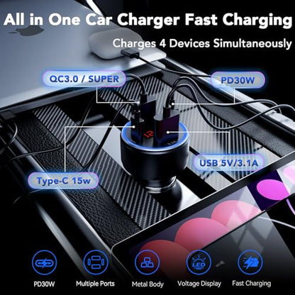 Car Charger USB C Fast Charge 78W 4-Port Cigarette Lighter USB Charger - color: Black-1Pc