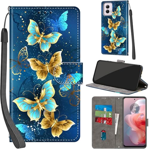 Case Wallet for Motorola Moto G Power 5G 2024, Green Butterfly | Kickstand, 3 Card Holder, Shockproof TPU Interior Shell, PU Leather, Magnetic Flip Cover, Lanyard Strap - color: Pic:02