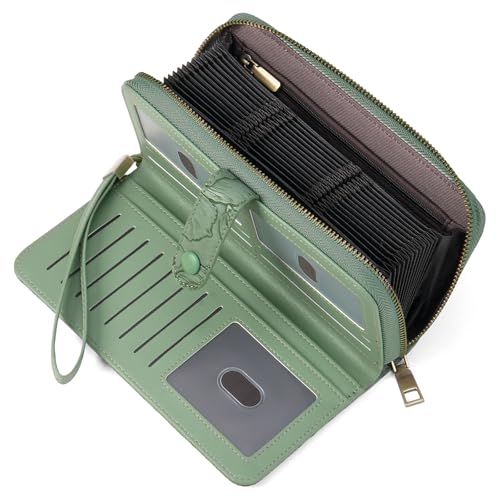 SENDEFN Women's Credit Card Holder RFID Blocking Zip Around Leather Wallet Large Capacity Long Purse with Wristlet - color: Green